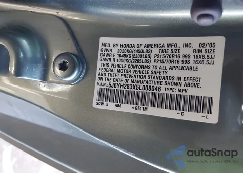 2005 Honda Element Lx из США, поврежденный, VIN 5J6YH283X5L008046